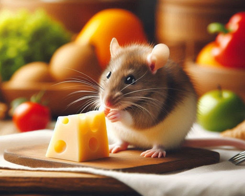 チーズを口にするネズミ